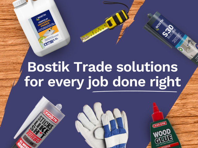 Bostik DIY products banner with Blu Tack, Tape Discs, Evo-Stik, and Wood Glue for a perfect home.
