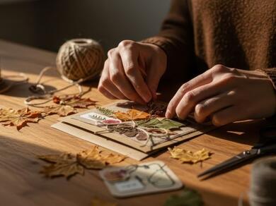 Creating a decorative craft project using contact adhesive to bond paper, string and natural materials
