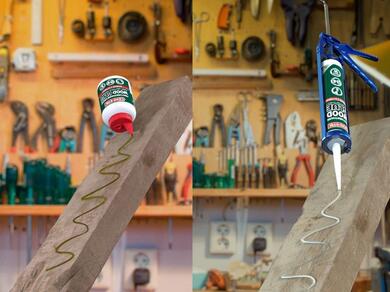 Comparison showing Evostik Polyurethane Wood Glue applied to a timber board from a squeeze bottle and from a cartridge gun, demonstrating different application methods for strong wood bonding in joinery and woodworking projects.