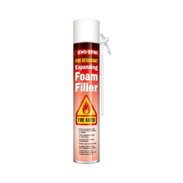 Evostik Fire Retardant Expanding Foam Filler aerosol can with applicator tube shown as a product packshot on a neutral background, designed to create fire-rated, airtight seals that help prevent the transmission of smoke through joints and gaps.