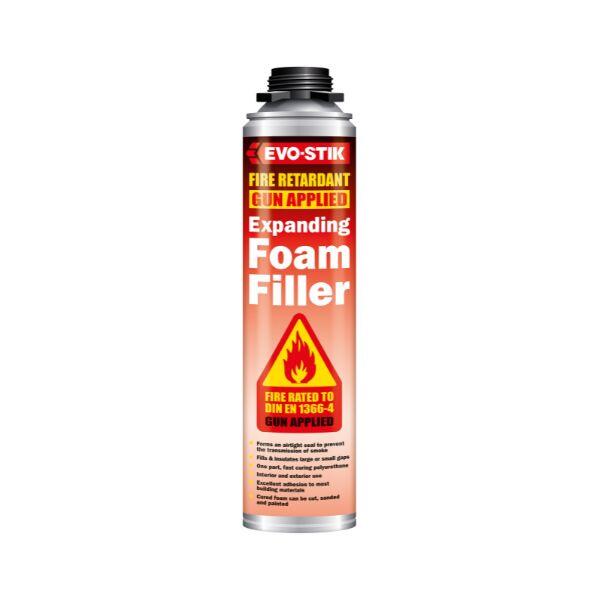 Evostik Fire Retardant Gun Applied Expanding Foam Filler aerosol can shown as a product packshot on a neutral background, providing controlled application for fire-rated sealing, filling and insulation in construction joints and cavities.