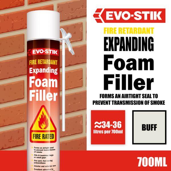 Evostik Fire Retardant Gun Applied Expanding Foam Filler aerosol can shown as a product packshot on a neutral background, providing controlled application for fire-rated sealing, filling and insulation in construction joints and cavities.