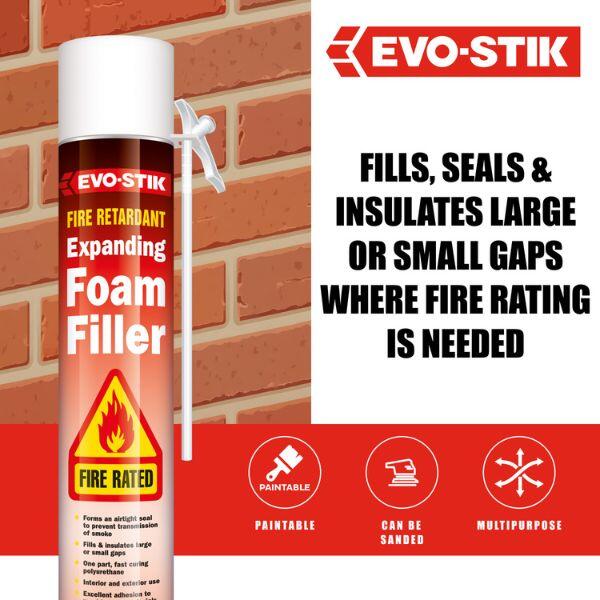Evostik Fire Retardant Expanding Foam Filler infographic highlighting suitability for filling, sealing and insulating large or small gaps where fire-rated performance is required, with paintable, sandable and multipurpose properties.