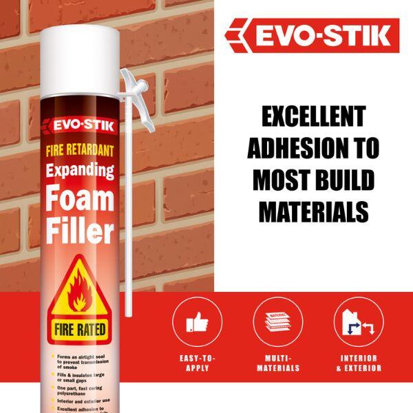 Evostik Fire Retardant Expanding Foam Filler graphic highlighting excellent adhesion to most building materials, easy application and suitability for both interior and exterior fire-rated sealing applications.