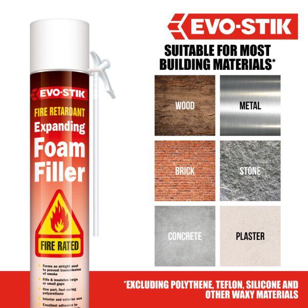 Evostik Fire Retardant Expanding Foam Filler infographic showing suitability for most building materials including wood, metal, brick, stone, concrete and plaster, for fire-rated sealing, filling and insulating applications.