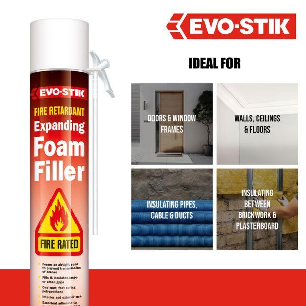 Evostik Fire Retardant Expanding Foam Filler infographic illustrating ideal applications including doors and window frames, walls, ceilings and floors, insulating pipes and ducts, and sealing between brickwork and plasterboard where fire-rated performance is required.