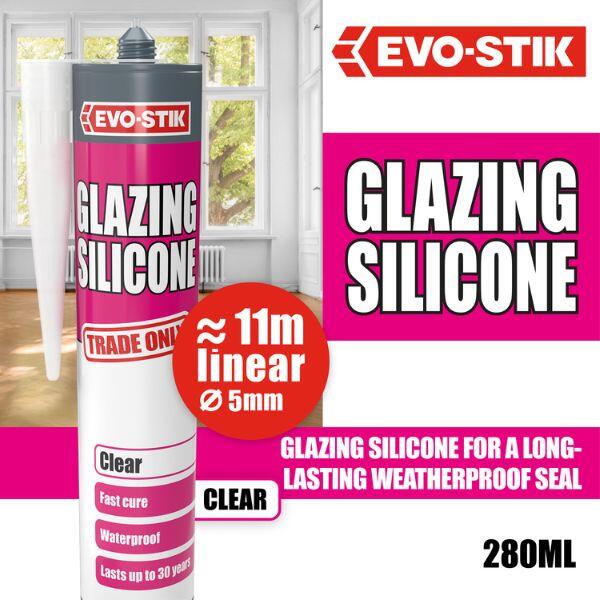Promotional graphic for Evostik Glazing Silicone Sealant highlighting a long-lasting weatherproof seal for glazing applications, with approximately 11 linear metres coverage at a 5mm bead size.