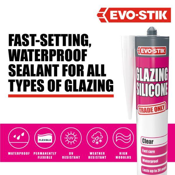 Evostik Glazing Silicone Sealant infographic highlighting fast-curing, waterproof performance for glazing applications, with permanently flexible, UV-resistant, weather-resistant and high-modulus properties.