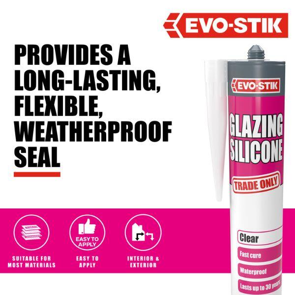 Evostik Glazing Silicone Sealant infographic highlighting a long-lasting, flexible and weatherproof seal, with easy application and suitability for both interior and exterior glazing applications.