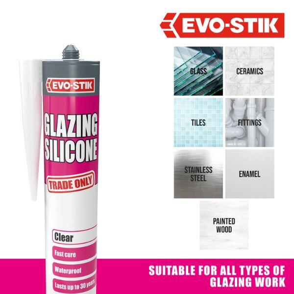 Evostik Glazing Silicone Sealant infographic showing compatibility with glass, ceramics, tiles, sanitary fittings, stainless steel, enamel and painted wood for glazing and sealing applications.