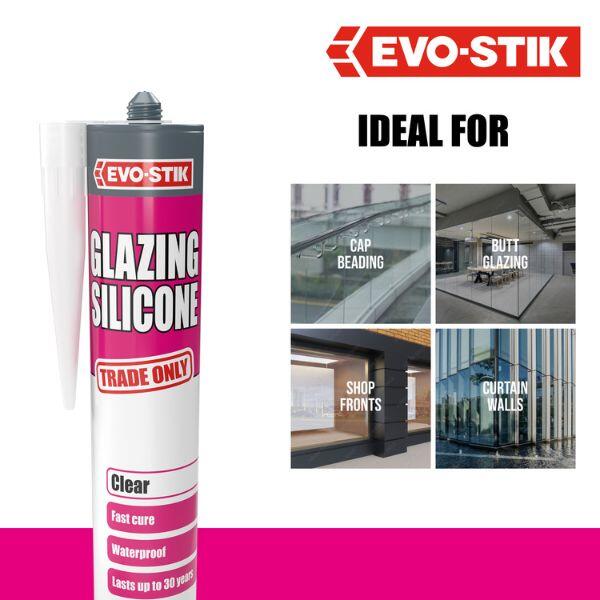 Evostik Glazing Silicone Sealant infographic illustrating ideal applications including cap bead glazing, butt glazing, shopfront glazing and curtain wall systems for commercial and architectural glazing projects.