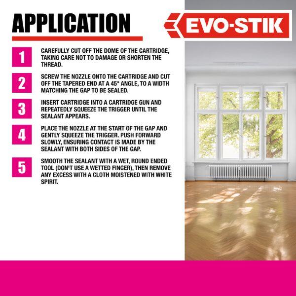 Evostik Glazing Silicone Sealant application guide showing cartridge preparation, nozzle cutting, sealant application and finishing steps for glazing and weatherproof sealing work.