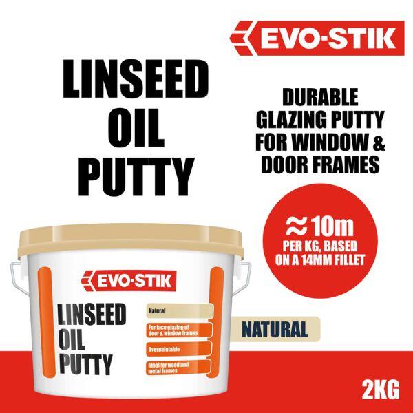 Promotional graphic for Evostik Linseed Oil Putty highlighting durable glazing performance for window and door frames, with coverage of approximately 10 metres per kilogram based on a 14mm fillet and an overpaintable natural finish.