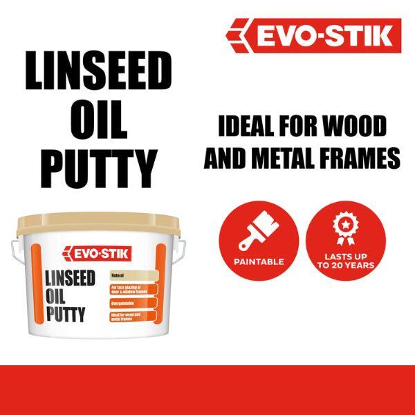 Evostik Linseed Oil Putty infographic highlighting suitability for wood and metal window and door frames, with an overpaintable finish and long-lasting durability of up to 20 years.