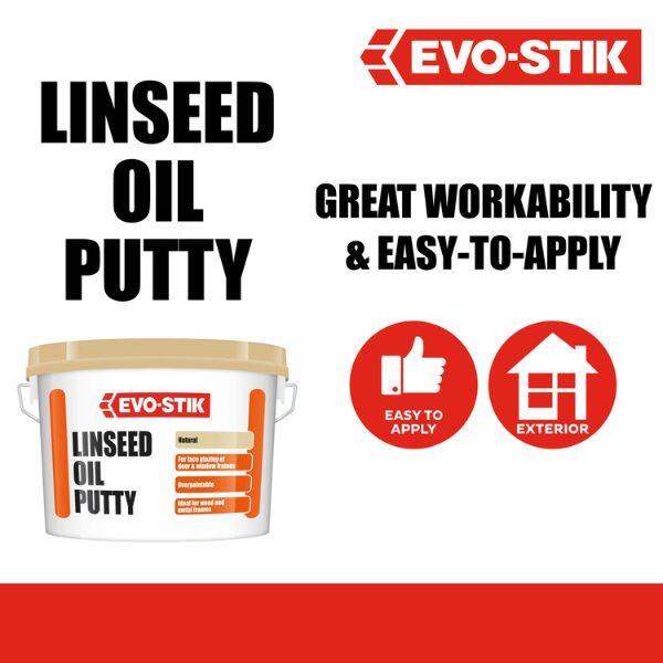 Evostik Linseed Oil Putty infographic highlighting easy application, excellent workability and suitability for exterior glazing and frame repair projects.