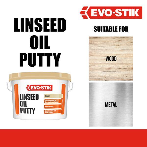 Evostik Linseed Oil Putty infographic showing compatibility with wood and metal frames for traditional glazing, sealing and repair applications.