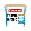 Evostik Trowel Mastic in a stone finish shown in a tub as a product packshot on a neutral background, highlighting an overpaintable glazing and bedding compound for sealing and bedding glass in timber and metal door and window frames.