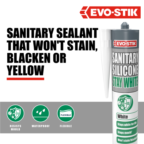 EVO-STIK Sanitary Silicone Stay White - features and benefits
